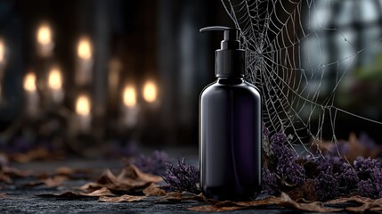 Sleek black pump bottle in Halloween scene with cobwebs, dried leaves, and candlelight for seasonal marketing, invitations, spooky themed projects