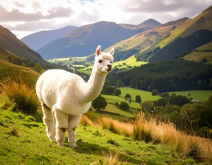 White Alpaca Grazing in Lush Green Mountain Valley