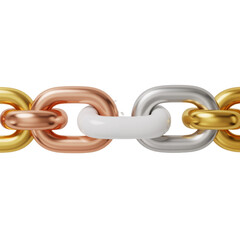 Fototapeta premium Showcasing a robust chain with diverse metallic links, including a distinctive white element, representing the powerful concepts of unity, connection, and secure strength