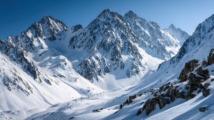 Majestic snow covered alpine mountain range with rugged rocky peaks under clear blue sky, panoramic winter wilderness landscape showcasing natural grandeur