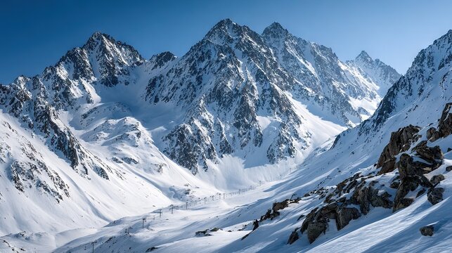 Majestic snow covered alpine mountain range with rugged rocky peaks under clear blue sky, panoramic winter wilderness landscape showcasing natural grandeur