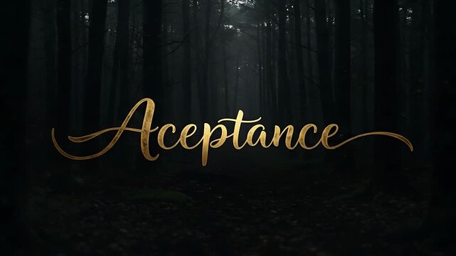 Motivational Video Featuring 'Acceptance' Text in a Dark Forest Setting Creates a Peaceful