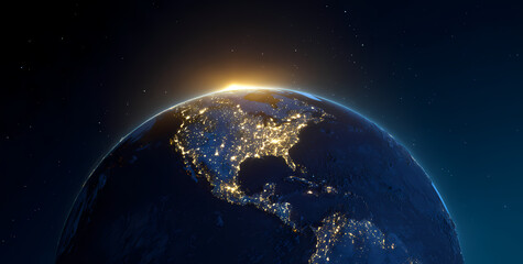 Obraz premium Digital Network Connections Across Earth at Sunrise