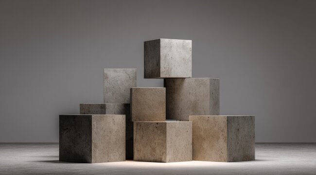 Stacked concrete cubes on a gray floor