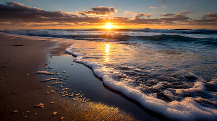 A beautiful golden sunset reflecting on the beach&rsquo;s alm waters with gentle wavs.