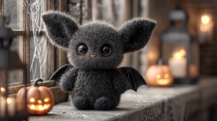 Plush bat sitting by window adorned with cobwebs, featuring lanterns and pumpkins in cozy Halloween setting for party decorations, greeting cards, and social media posts