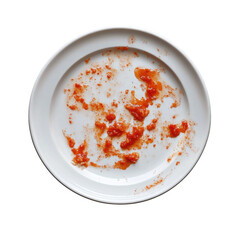 Dirty white plate with remnants of tomato sauce isolated on transparent background