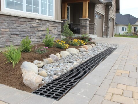 Residential drainage system installation at house exterior level view with stone landscaping and brick driveway