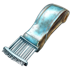 Futuristic,  rusted metal tool with a row of bristles