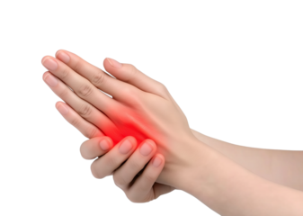 Person suffering from pain on transparent background, cutout, medical health concept