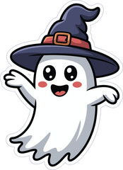 Adorable Halloween ghost cartoon with witch hat, kawaii style, starry background, cute spooky design, fun kids Halloween illustration