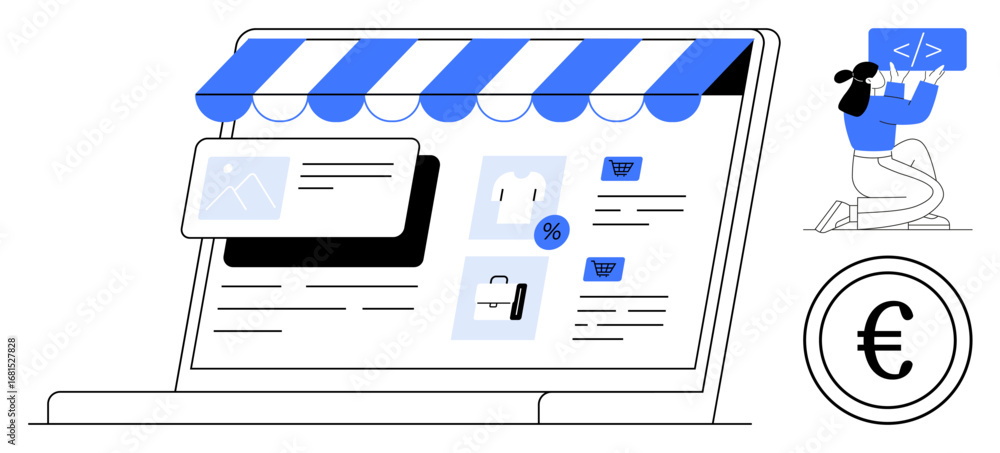 Poster laptop screen displaying an online shop with products, discounts, and cart button. currency sign and