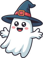 Adorable Halloween ghost cartoon with witch hat, kawaii style, starry background, cute spooky design, fun kids Halloween illustration