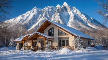 Cozy alpine house surrounded by snow with dramatic mountain peaks in background, serene winter retreat blending rustic charm, comfort, and natural beauty
