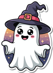 Adorable Halloween ghost cartoon with witch hat, kawaii style, starry background, cute spooky design, fun kids Halloween illustration
