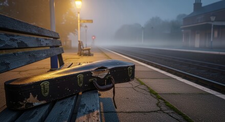 Old violin case on a bench at a foggy train station platform