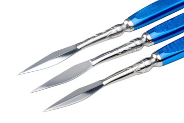 Set of three art knives with blue handles isolated on white background