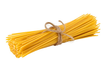 uncooked spaghetti pasta tied together with twine isolated on white background