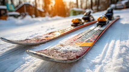 Close up of colorful skis on snowy slope at sunrise with frosty details and bindings, vibrant alpine winter sports equipment for active outdoor lifestyle