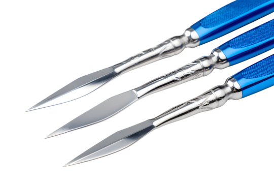Set of three art knives with blue handles isolated on white background