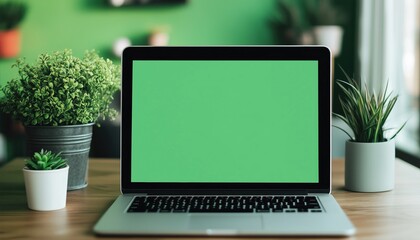 Laptop Computer With Green Screen Positioned On A Wooden Table. The Device Is Set On A Rustic Surface. Background Is Simple.