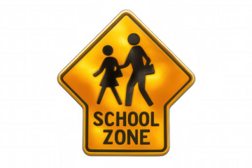 School zone warning sign with yellow metal surface, showing pedestrian crossing symbol, highlighting child safety on transparent backdrop