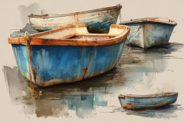 Obraz premium Watercolor Painting of Old Rowboats Resting on Shoreline in Calm Water with Reflections Artistic Style