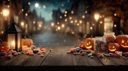 Halloween scene featuring carved pumpkins, glowing lantern, colorful candies in glass jars on rustic wooden table against softly lit night street backdrop for festive party invitations