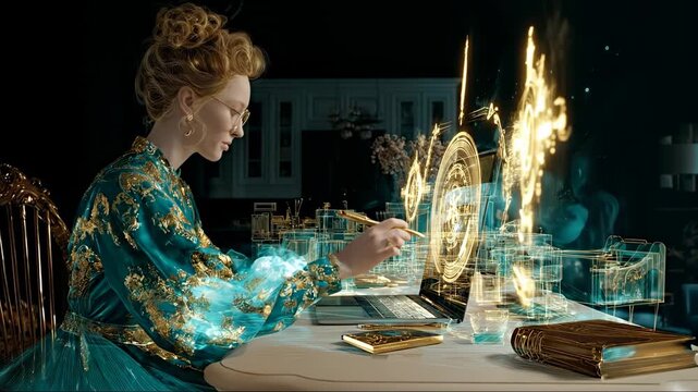 AI Empowered Micro Jobs: Woman Utilizing Advanced Holographic Technology for Innovative Digital Design