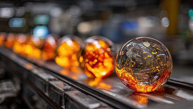 Molten glass orbs on a conveyor belt in a factory (1)