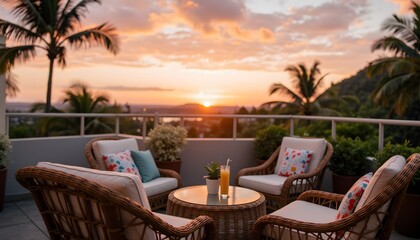 Fototapeta premium Cozy Outdoor Lounge with Rattan Chairs and Stunning Sunset Overlooking the Sea