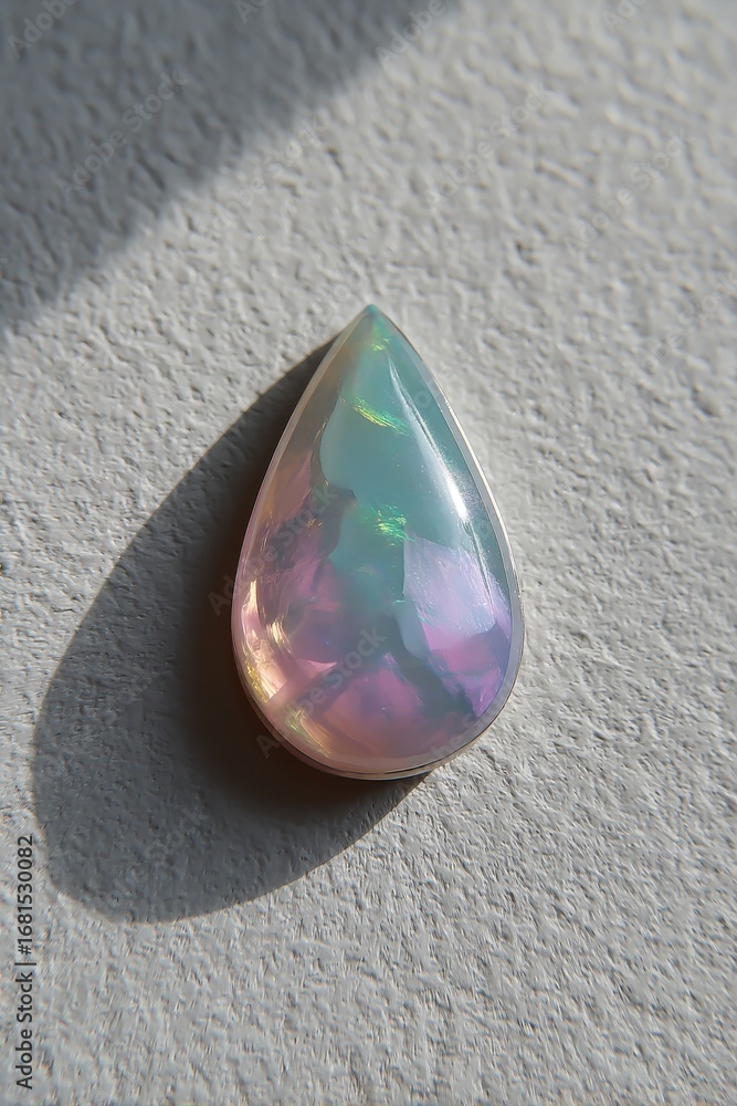 Poster teardrop opal cabochon shimmers on textured surface close up shot gemstone display with play of colo