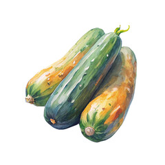 A watercolor illustration of fresh zucchinis in green and yellow shades, hand-painted with soft textures. Minimalistic composition, isolated on white background, high-resolution PNG.