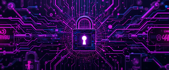 Abstract Halloween data accessories theme cyber security system with digital 4d locks on the middle attached with block chain technology, in dark purple and violet pink with golden outlines colors mul