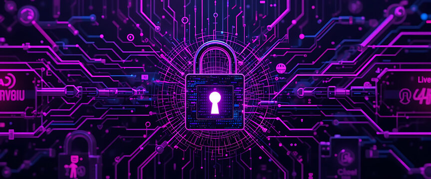 Abstract Halloween data accessories theme cyber security system with digital 4d locks on the middle attached with block chain technology, in dark purple and violet pink with golden outlines colors mul