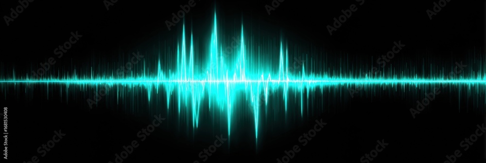 Poster sound wave pattern visualization in bright turquoise shade against black background