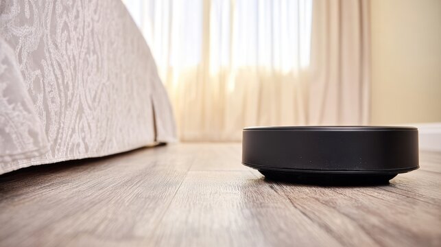 Black robotic vacuum cleaner on a hardwood floor near a bed with patterned white bedding in a softly lit room