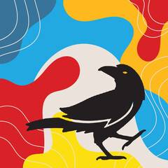 Black crow silhouette with colorful abstract background suitable for wall decoration, t-shirts, book covers, posters, banners and others
