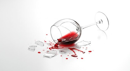 A spilled wine glass broken on a white surface with red wine spreading around shards of glass