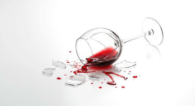 A spilled wine glass broken on a white surface with red wine spreading around shards of glass