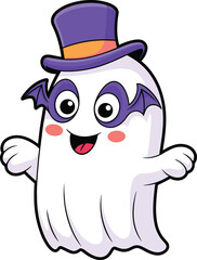 Cute Halloween ghost cartoon with purple hat, bat wings, smiling face, kawaii character, kids illustration, spooky fun design