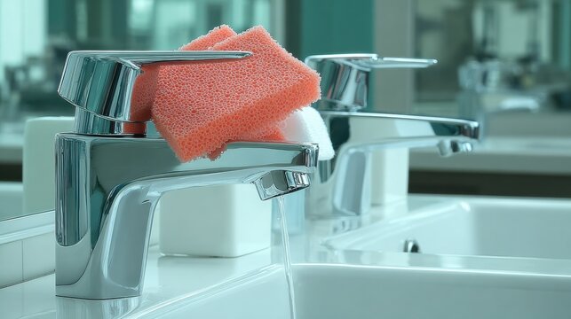 Running water flows from a chrome faucet in a bathroom with a pink sponge resting on top creating a modern and clean