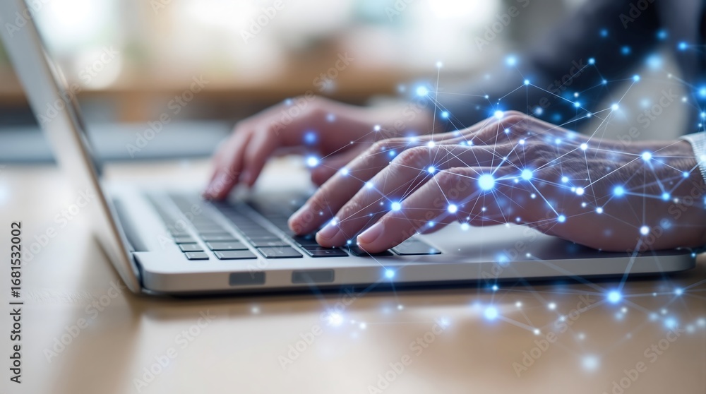 Leinwandbilder typing on laptop keyboard for ai network connection and data analysis in business and technology