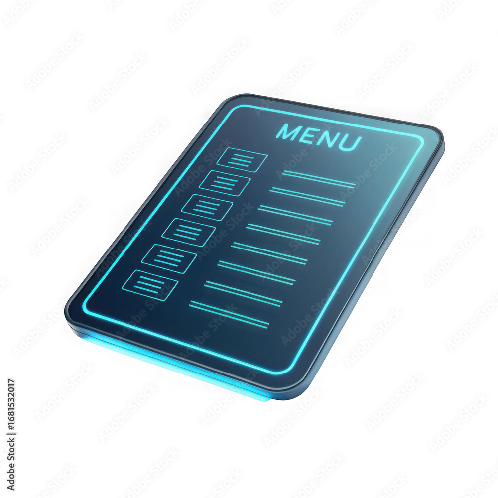 Aufkleber futuristic glowing blue digital menu tablet with illuminated buttons and text isolated on transparen