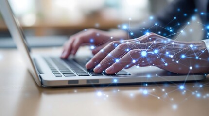 Typing on laptop keyboard for ai network connection and data analysis in business and technology