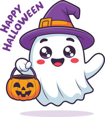 Cute Halloween ghost cartoon with witch hat, holding pumpkin basket, trick or treat illustration, adorable spooky character, kids holiday design