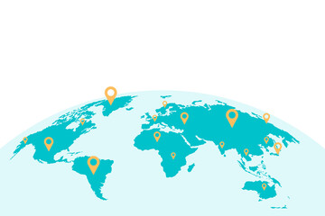Global network or business with pin locations on a world map, representing worldwide presence, international connections, and global reach. © Me_Studio