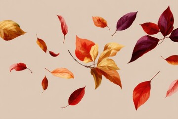 Autumn Leaves Floating Still Life, Watercolor Style, Warm Tones, Fall Season, Beige Background, Artistic Composition, Minimalist