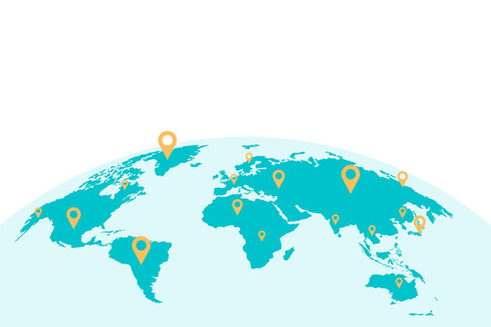 Global network or business with pin locations on a world map, representing worldwide presence, international connections, and global reach.
