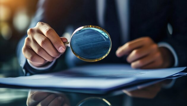 Male Businessman Lawyer In A Suit Holding A Magnifying Glass Inspecting A Document Contract: Legal Services And Assistant Consultant Work In Business